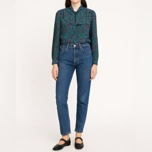 VINTAGE KORET 80s Neck Detail Paisley Blouse | Size 14 | Teal | Retro Office